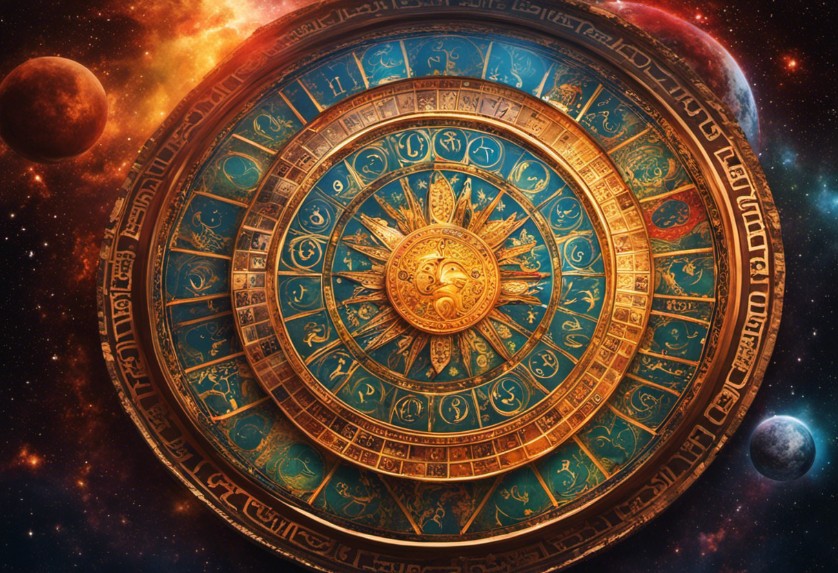 An image showcasing a circular Zoroastrian calendar, divided into 12 months, with each month represented by a vivid celestial symbol