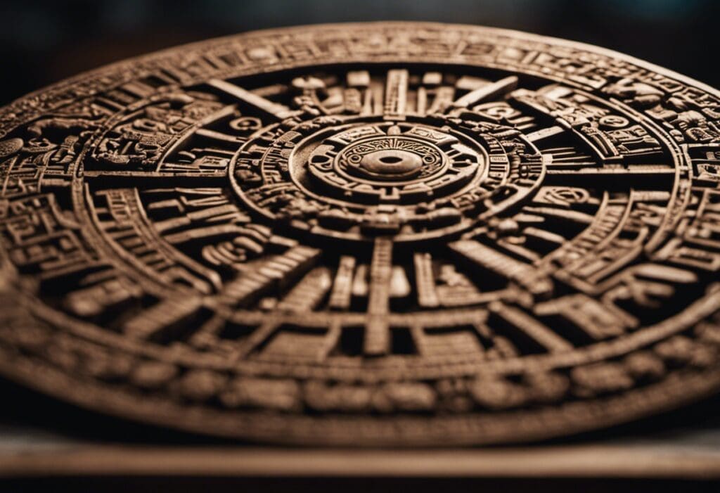An image showcasing the intricate stone carvings of the Inca and Mayan calendars side by side, highlighting their unique symbols, celestial motifs, and precise mathematical calculations