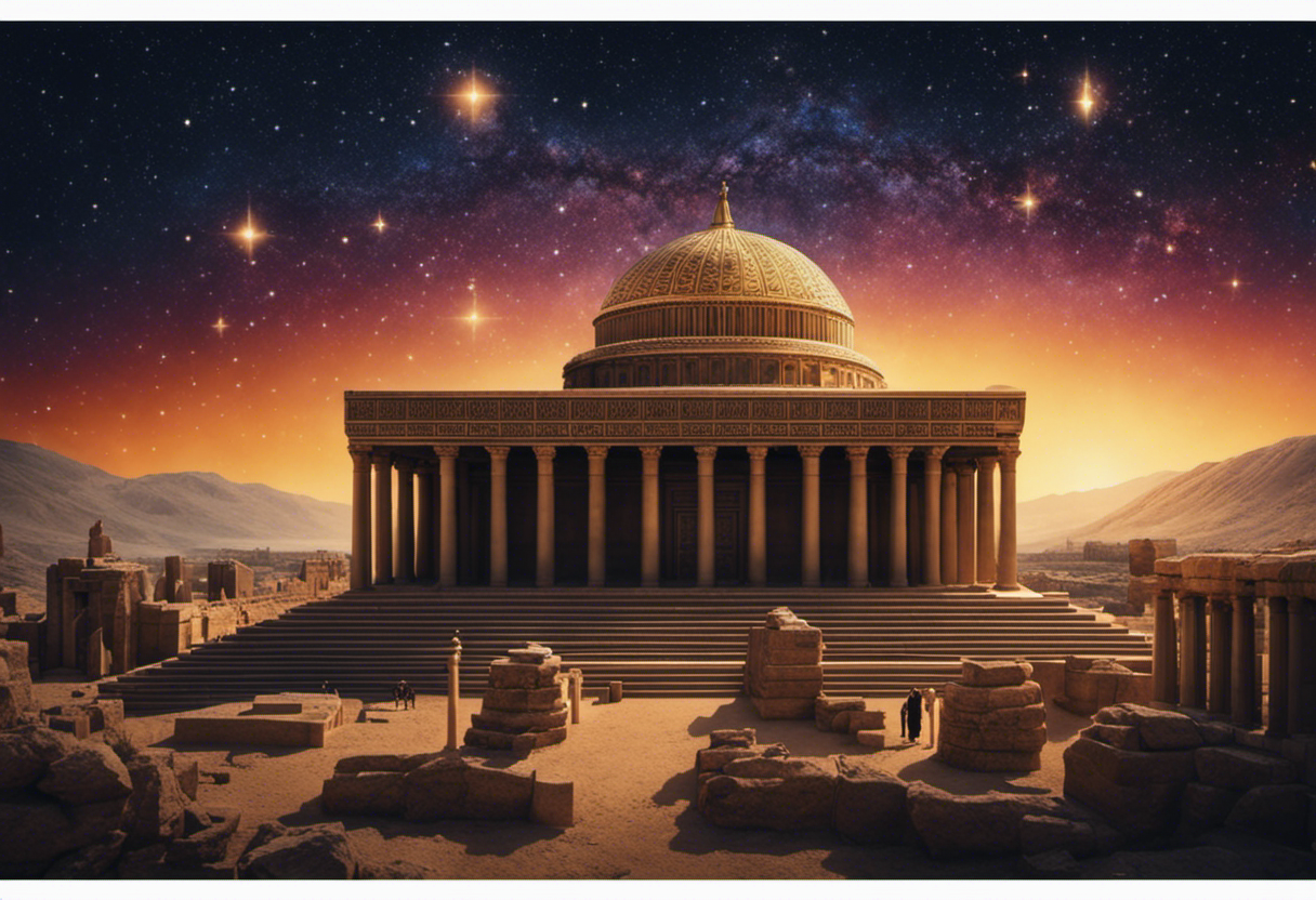 An image depicting a vibrant depiction of ancient Babylonian cityscape, showcasing a majestic temple with priests observing the stars, symbolizing the birth of the Babylonian Calendar and its connection to celestial observations