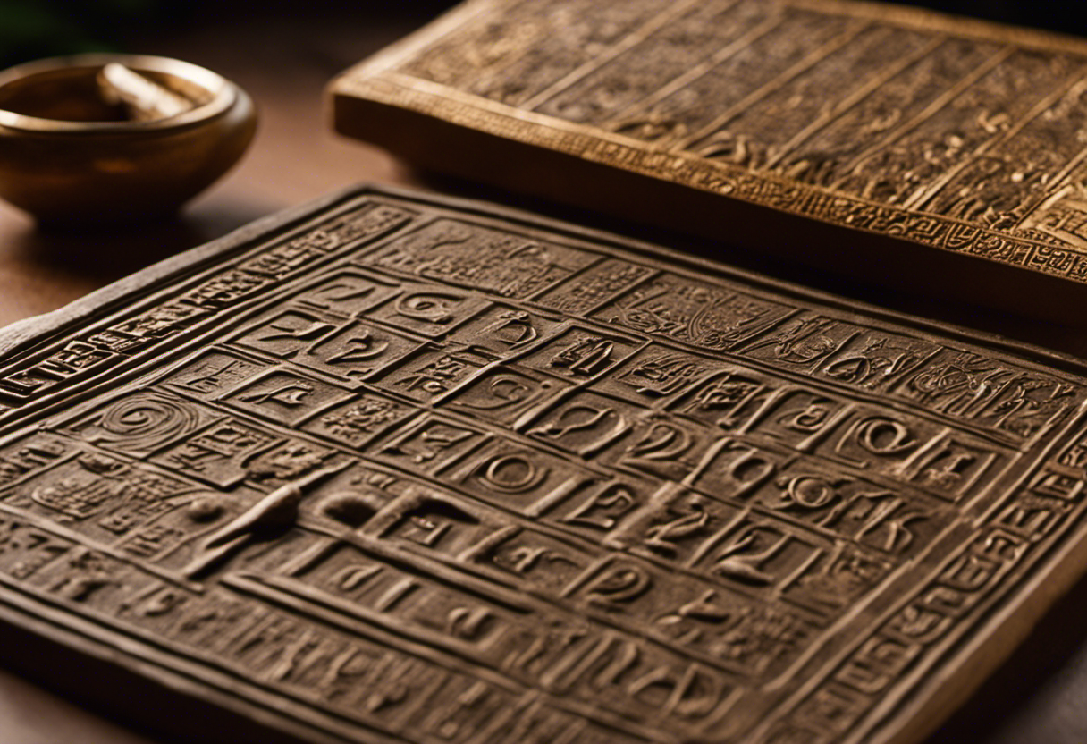 An image showcasing ancient Babylonian artifacts like clay tablets inscribed with celestial symbols, alongside a sundial, demonstrating how the Babylonian calendar influenced the measurement and organization of time in the ancient world