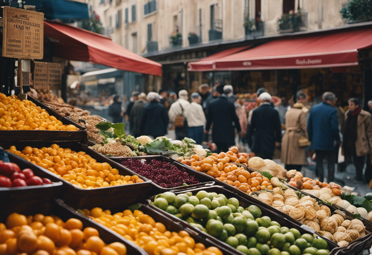 An image showcasing a bustling marketplace with vendors selling goods named after months and seasons from the French Republican Calendar, depicting the profound influence and integration of the calendar into everyday life in France