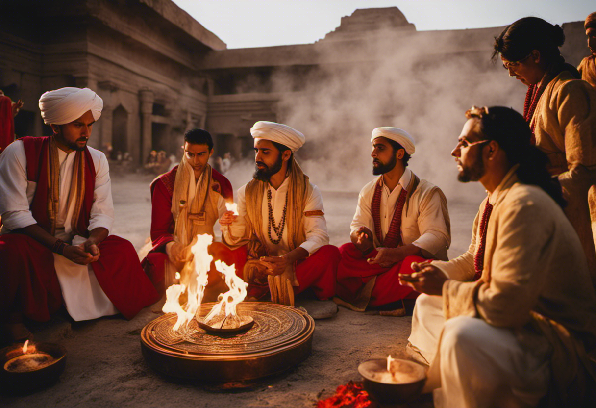 An image showcasing a Zoroastrian ritual, with a vibrant fire temple as the backdrop