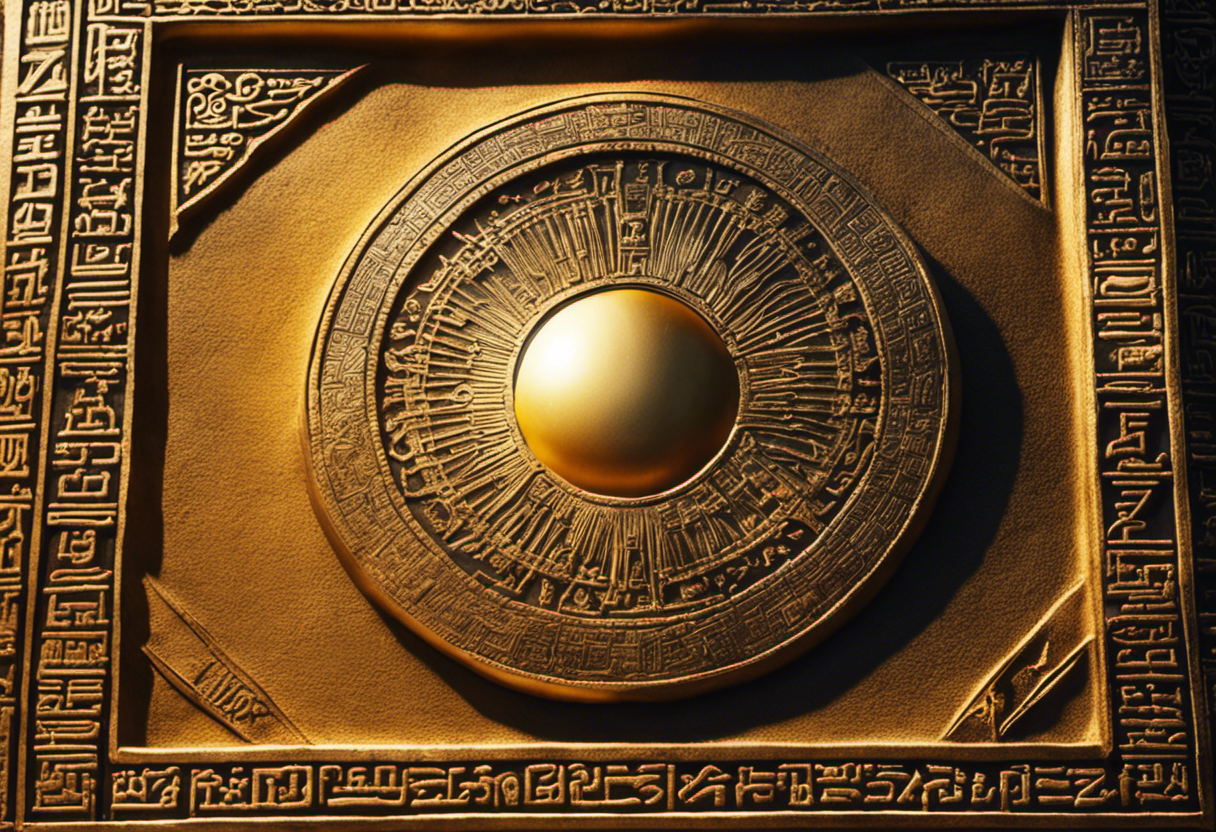 An image depicting a sun rising over the ancient city of Persia, casting a golden light on a stone tablet inscribed with intricate celestial symbols, representing the origins of the Zoroastrian Calendar