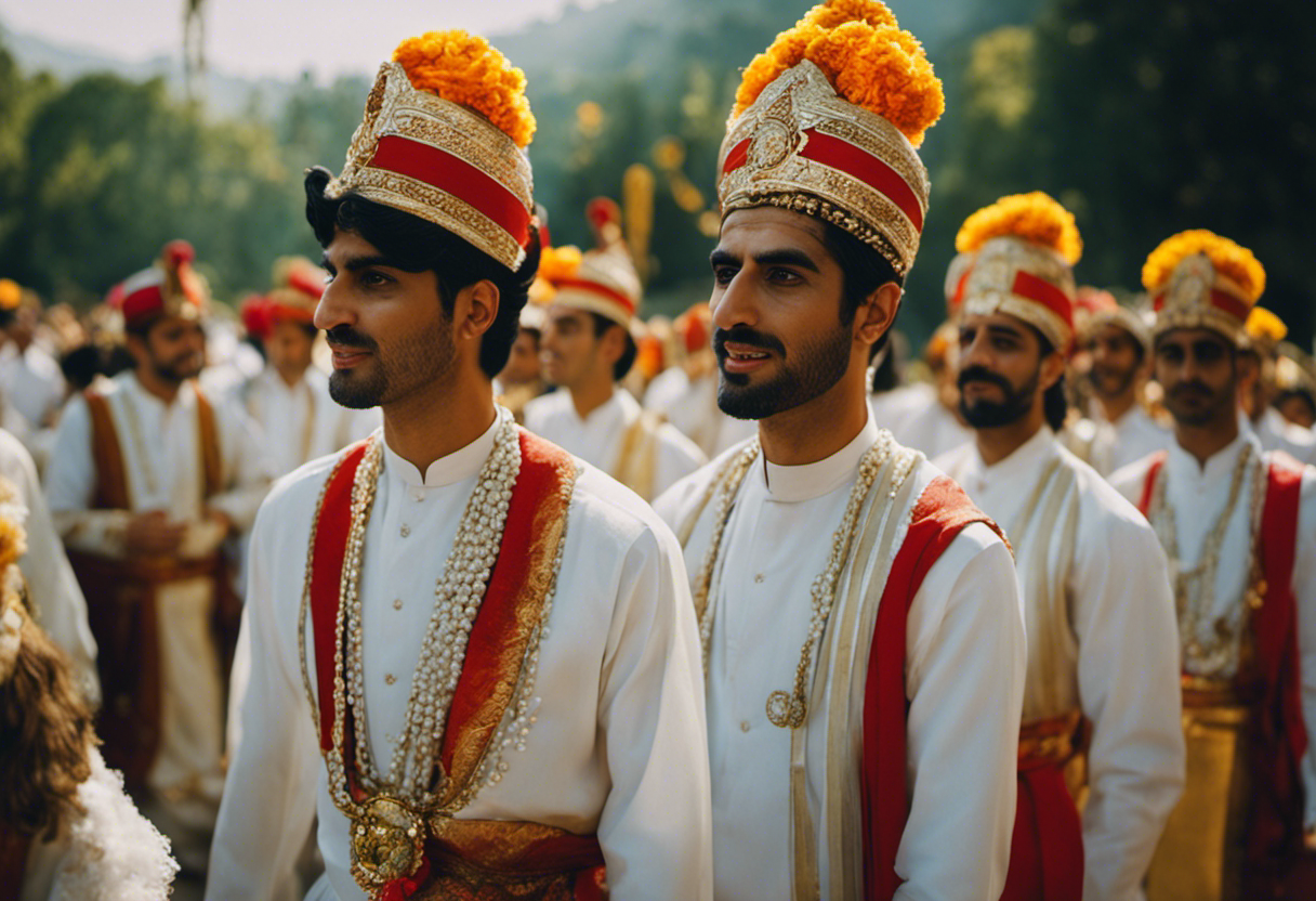An image featuring a vibrant scene of Zoroastrian worshippers in traditional attire, joyously celebrating major festivals of the Zoroastrian Calendar