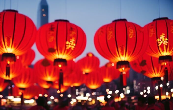 An image showcasing a bustling cityscape illuminated by vibrant red lanterns, with a fusion of traditional and contemporary elements like lion dancers, high-rise buildings, and Lunar New Year decorations, symbolizing the modern adaptations and commercialization of this cultural celebration