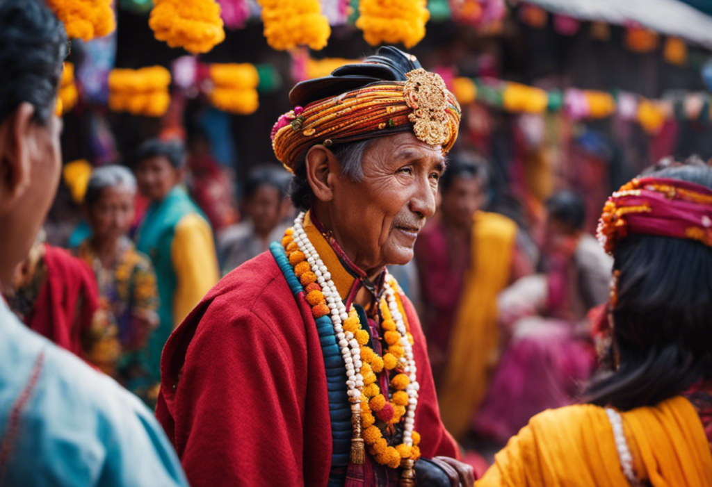 An image showcasing a vibrant Nepalese marketplace during the festive Dashain season, with locals dressed in colorful attire, engaging in traditional dances, and exchanging marigold garlands; capturing the essence of Nepal's rich cultural heritage