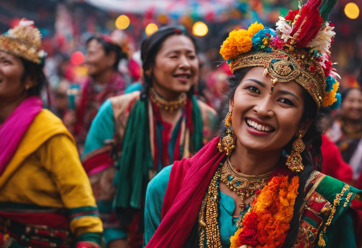 An image capturing the vibrant essence of Nepalese festivals, depicting intricately adorned people joyfully dancing in traditional attire, accompanied by pulsating music, amidst colorful decorations and fluttering prayer flags