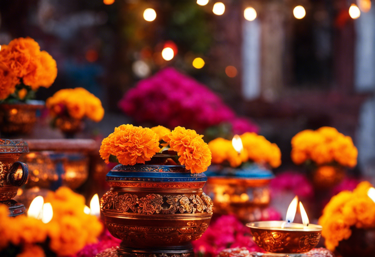 An image capturing the vibrant celebration of Tihar in Nepal, showcasing the mesmerizing sight of beautifully decorated homes illuminated with flickering oil lamps, while garlands of marigolds add a pop of vivid color to the festive atmosphere