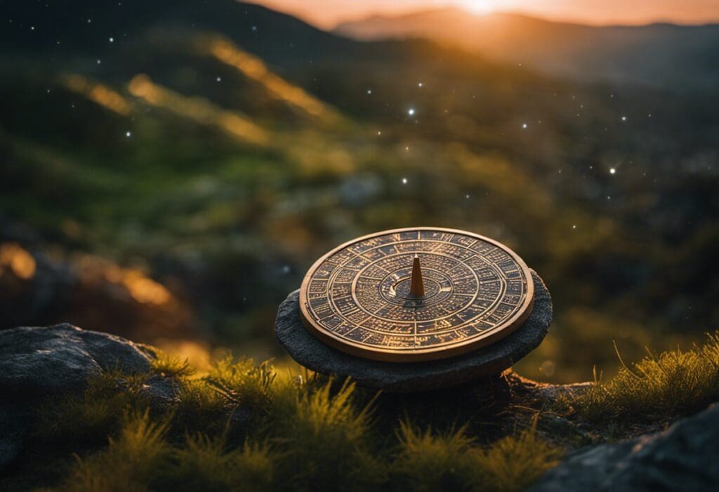 An image of a vibrant celestial scene with constellations dotting the night sky, casting their glow on an intricately carved stone sundial
