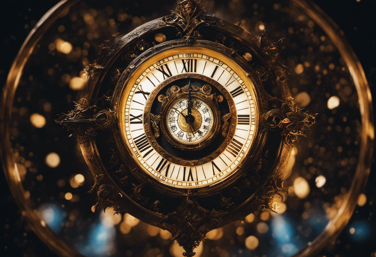 An image featuring a celestial clock adorned with intricate symbols of light and darkness