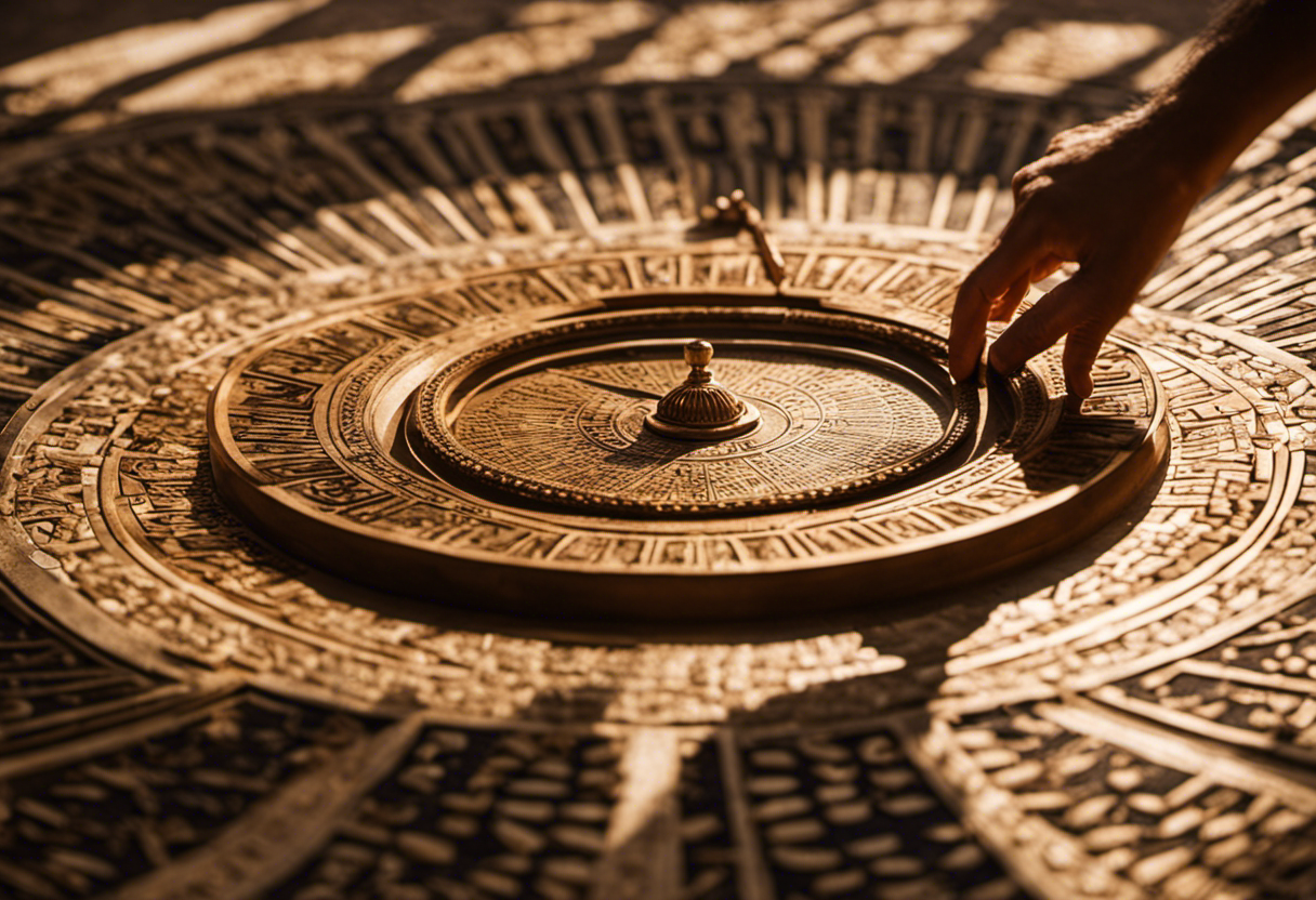 An image showcasing a Zoroastrian temple's intricate sundial, casting vibrant shadows on an ancient mosaic floor