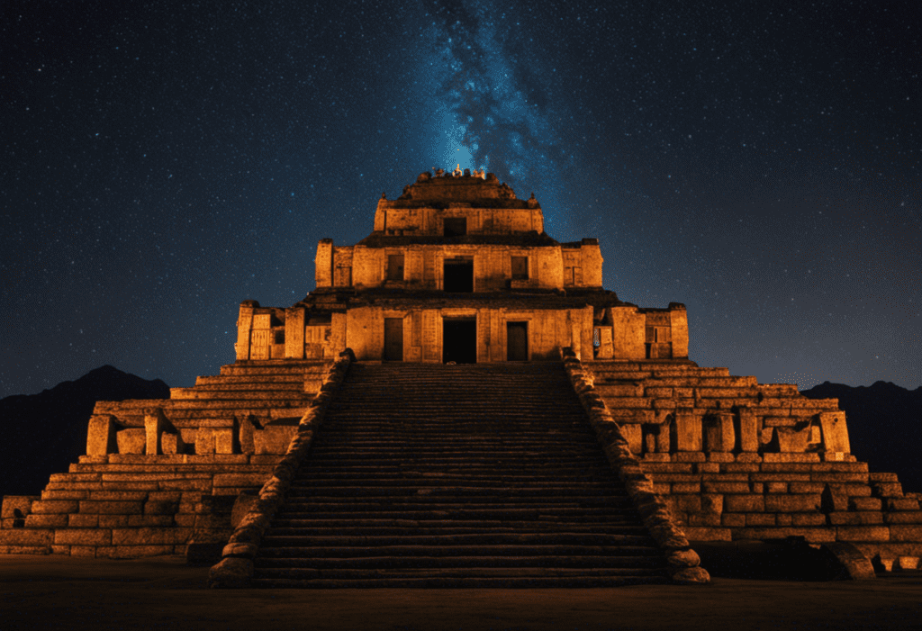An image of a mesmerizing night sky adorned with constellations, as a magnificent Inca temple stands in the foreground