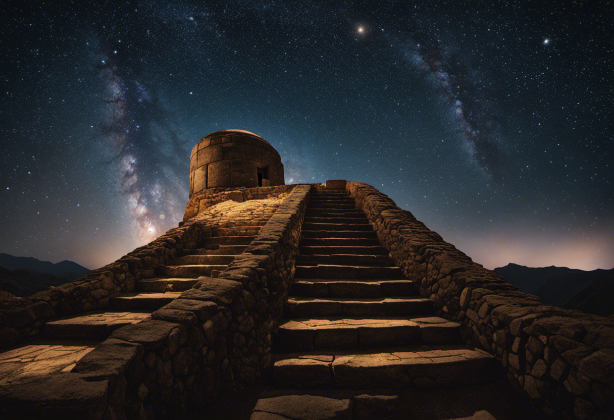 An image depicting an ancient stone observatory with the night sky overhead, showcasing the Inca calendar's intricate celestial alignments