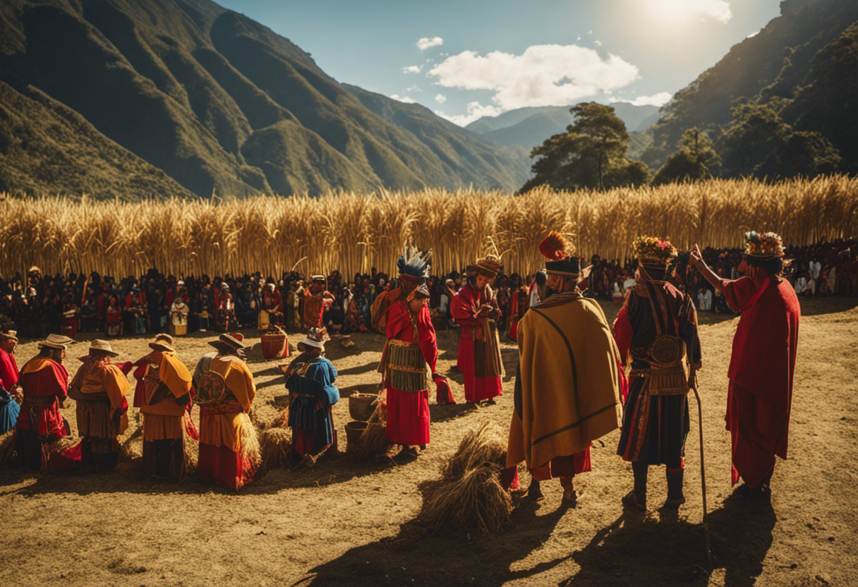 An image showcasing the Inca people's reverence for the sun, portraying farmers planting crops under its warm rays while priests perform rituals, symbolizing the strong connection between solar worship and agricultural practices
