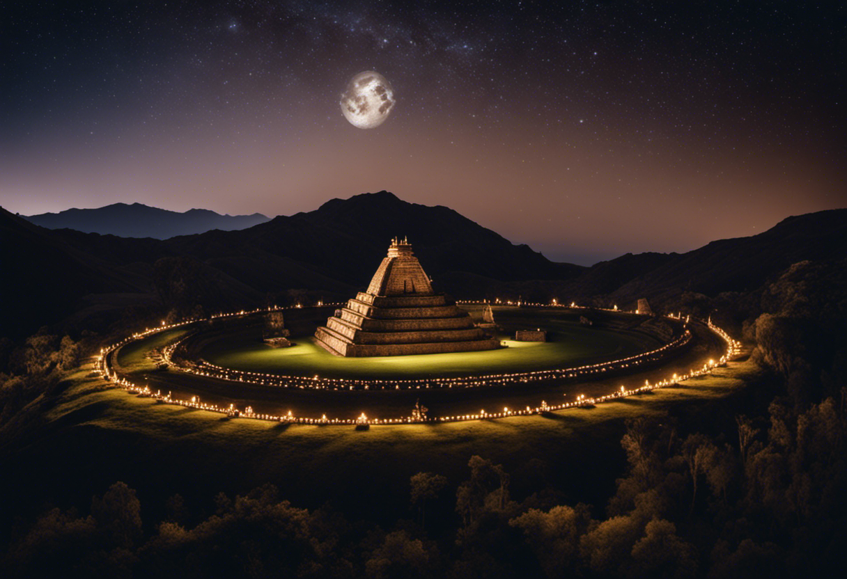An image showcasing an Inca temple under a starry night sky, with a full moon illuminating the scene