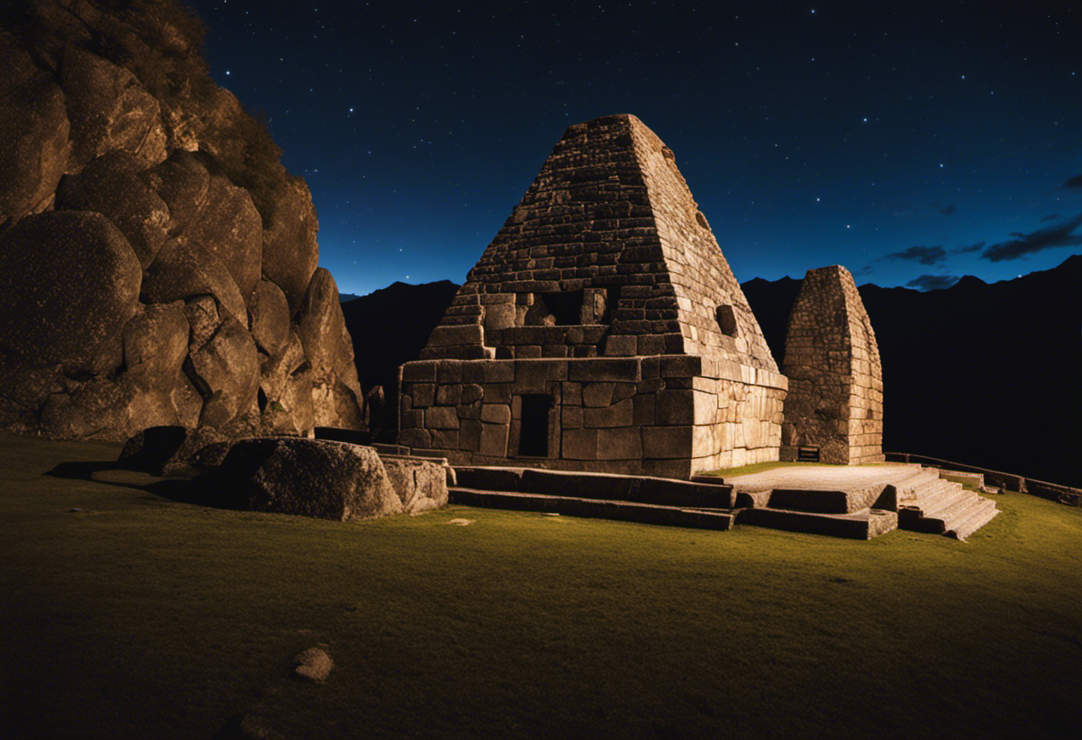 An image showcasing the intricate stone structures of Inca observatories, with astronomers gazing at the night sky