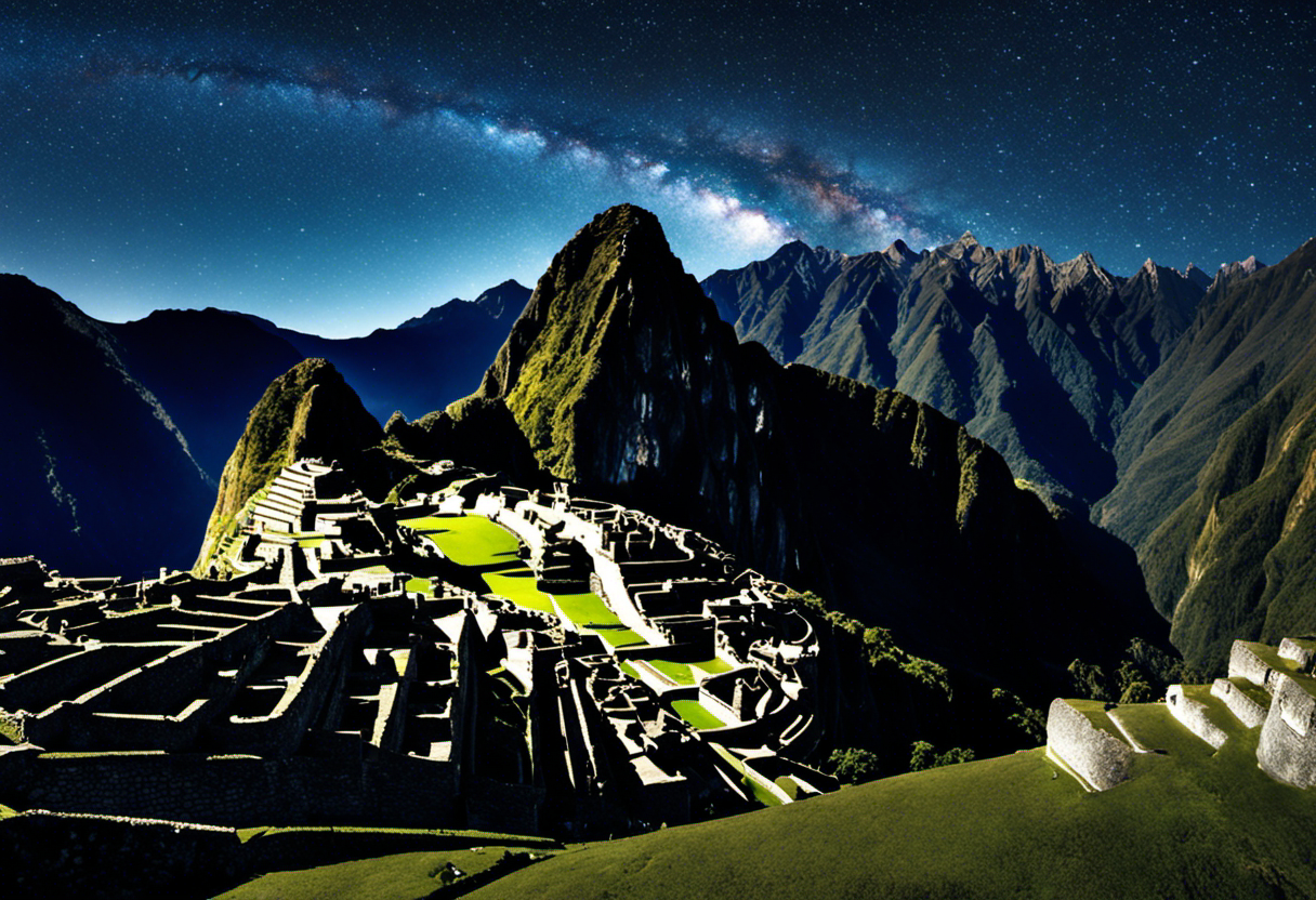 An image showcasing the breathtaking Machu Picchu at dusk, with the majestic Milky Way galaxy arcing above, highlighting the Inca's profound understanding of celestial alignments and their reverence for the cosmos
