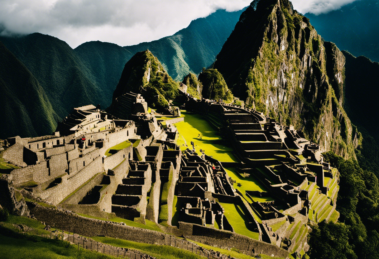 An image showcasing the awe-inspiring Inca Calendar Relics amidst the grandeur of Machu Picchu, enveloped in misty mountains, ancient ruins, and vibrant indigenous patterns, capturing the rich cultural and historical context
