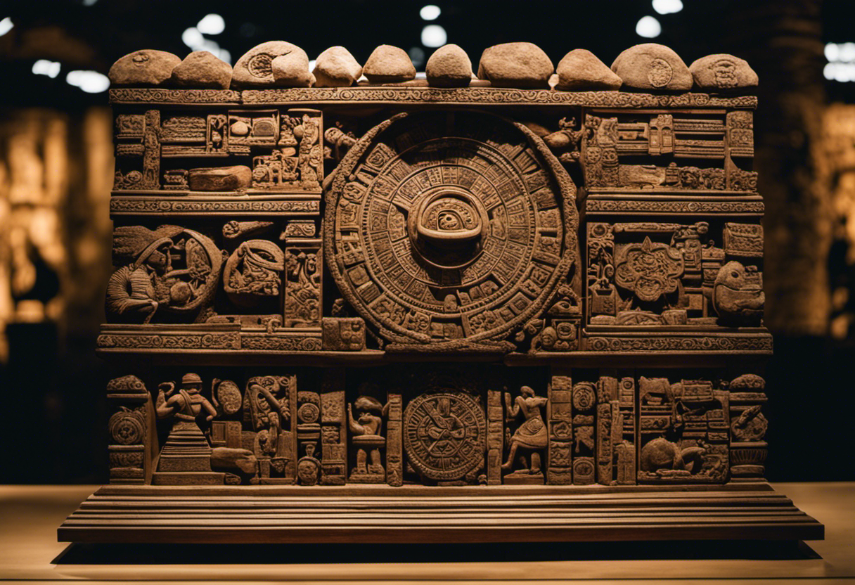  Capture an image that showcases the intricate carvings and weathered surfaces of the Inca Calendar Stones, surrounded by the protective embrace of a museum display case, preserving their historical significance for generations to come