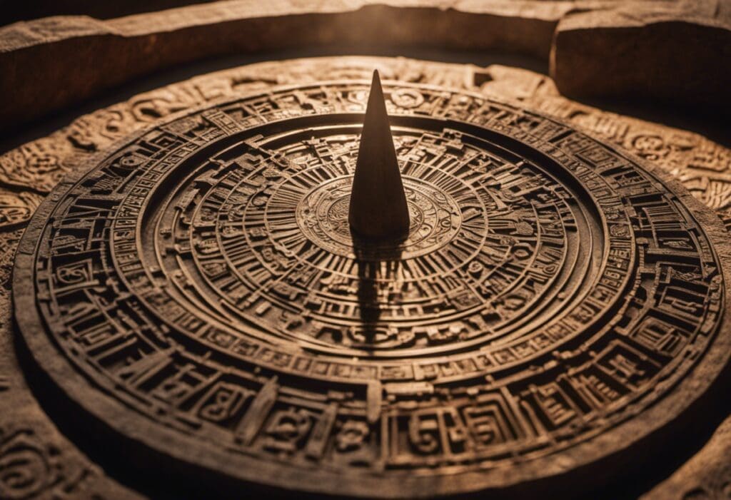 An image featuring an intricately carved Inca sun dial, casting shadows on a stone slab with meticulously etched symbols representing celestial events, seasons, and agricultural cycles