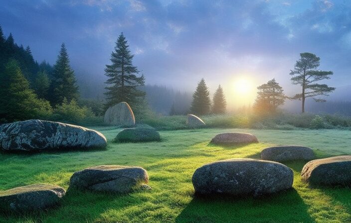 An image depicting a serene forest clearing at dawn, with a stone circle at its center, bathed in the soft glow of celestial bodies