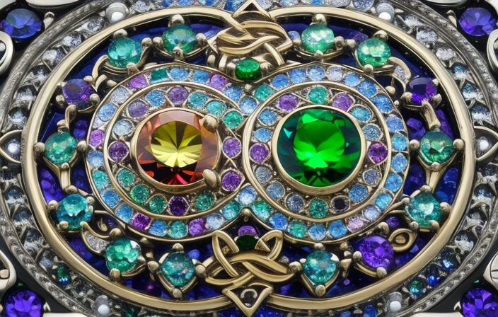 An image showcasing the intricately designed Celtic calendar, adorned with vibrant gemstones