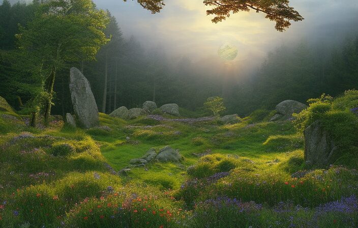 An image capturing the essence of the Celtic Calendar and Gender Roles in Society: A mystical forest setting with a sunlit stone circle, adorned with vibrant wildflowers