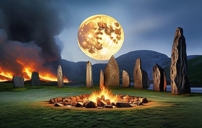 A vibrant, enchanting image showcasing the Celtic Calendar and Storytelling Traditions