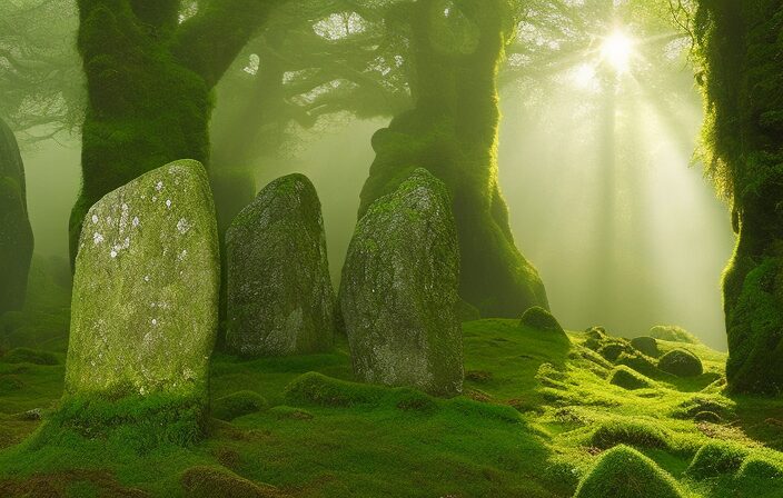 An image of a lush, moss-covered stone circle nestled amidst a foggy Celtic landscape