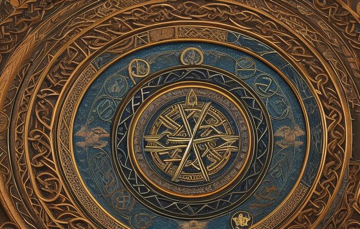 An image showcasing the intricate intertwining of Celtic knots, adorned with vibrant and earthy colors, depicting the Celtic calendar wheel and the celestial constellations of the Zodiac, seamlessly blending tradition and astrology