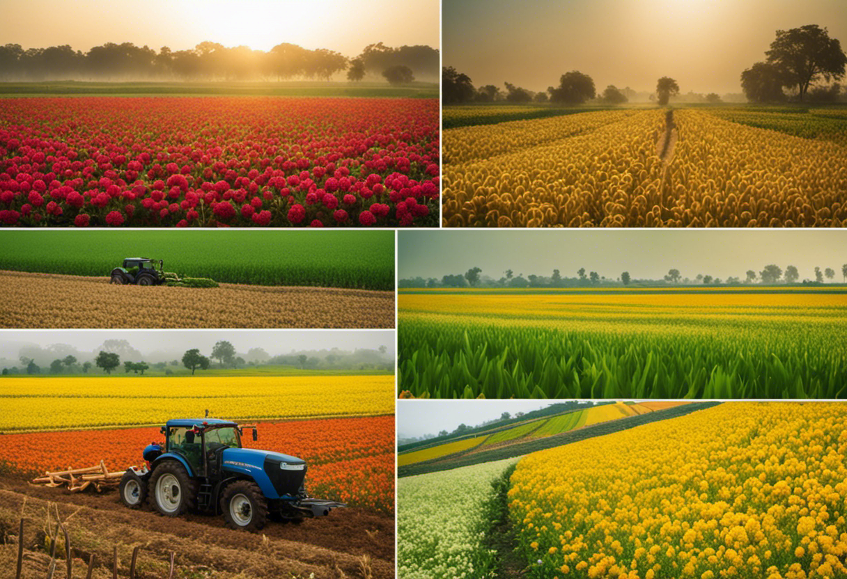 An image that depicts the transformative impact of the six seasons (Ritus) in Vikram Samvat on agricultural practices - showcasing vibrant fields, blooming flowers, ripe harvest, and farmers engaged in various seasonal activities