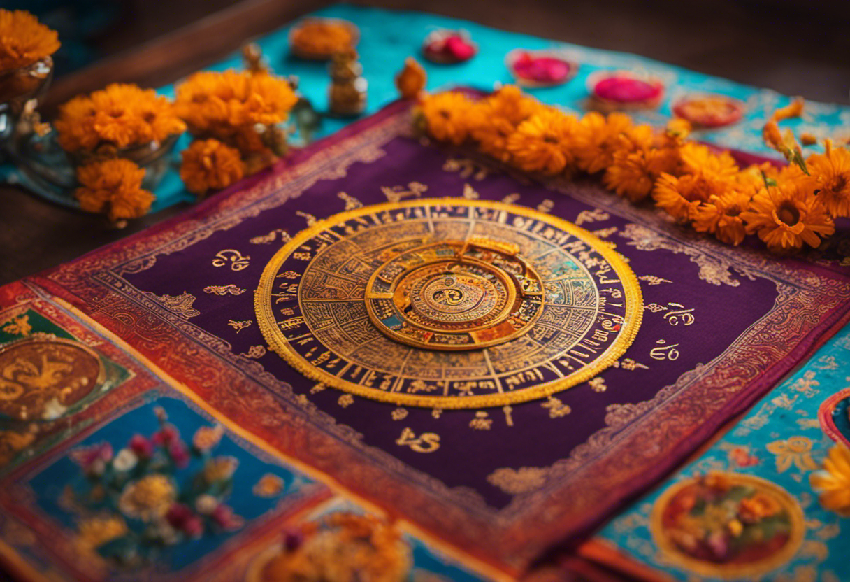 An image showcasing a beautifully adorned Hindu calendar with intricate illustrations, displaying the various Tithis in Vikram Samvat