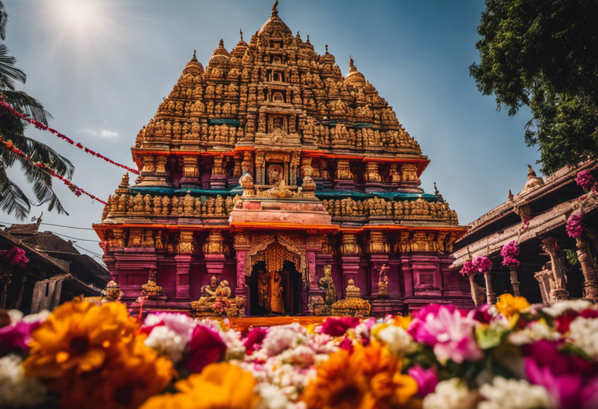 An image showcasing a vibrant temple adorned with floral garlands, where devotees perform religious ceremonies under the divine guidance of astrologers, highlighting the integral role of Tithis in fostering spiritual connections and propitious rituals