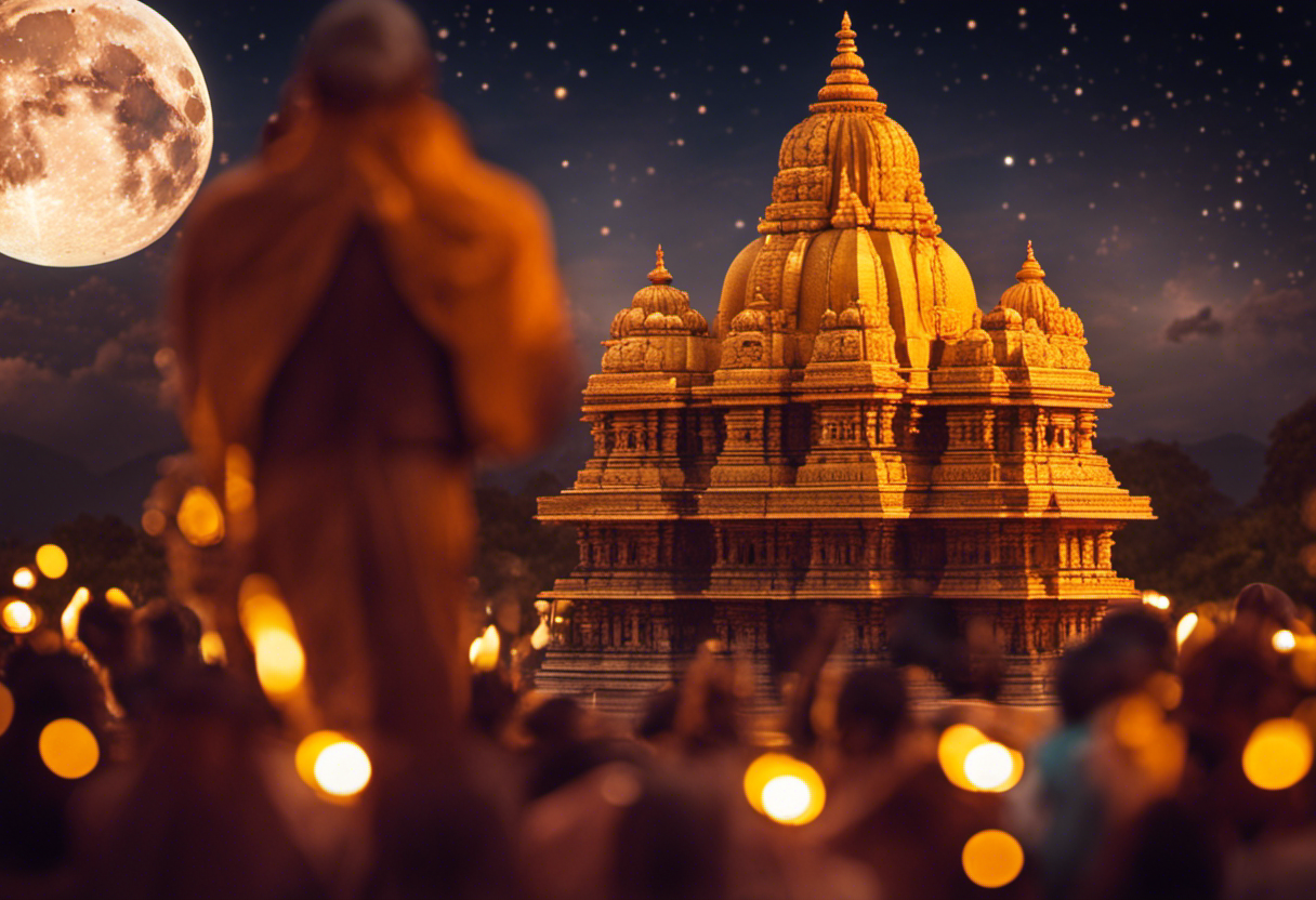 An image showcasing a vibrant Hindu temple surrounded by devotees, their hands joined in prayer, as they observe the significance of Tithis in Hinduism, with the moon in the background reflecting the divine celestial cycle
