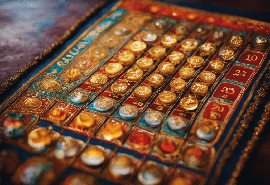 An image showcasing a traditional Vikram Samvat calendar with intricate artwork, displaying the twelve lunar months, each adorned with unique motifs representing festivals and celebrations