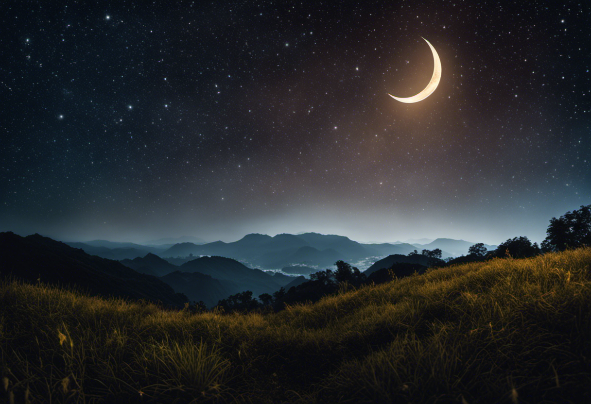An image showcasing a serene night sky with a crescent moon gently illuminating a lush landscape