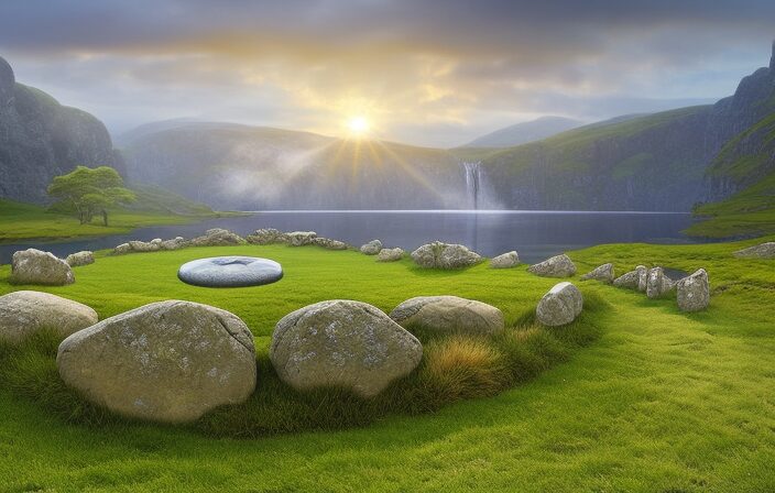 An image showcasing a serene Celtic landscape with a stone circle in the foreground, depicting the twelve zodiac signs subtly integrated within the stones, symbolizing the profound connection between the Celtic calendar and astrology