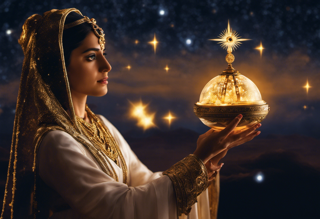 An image showcasing a Zoroastrian priestess gazing at the night sky, her celestial robes mirroring the constellations above