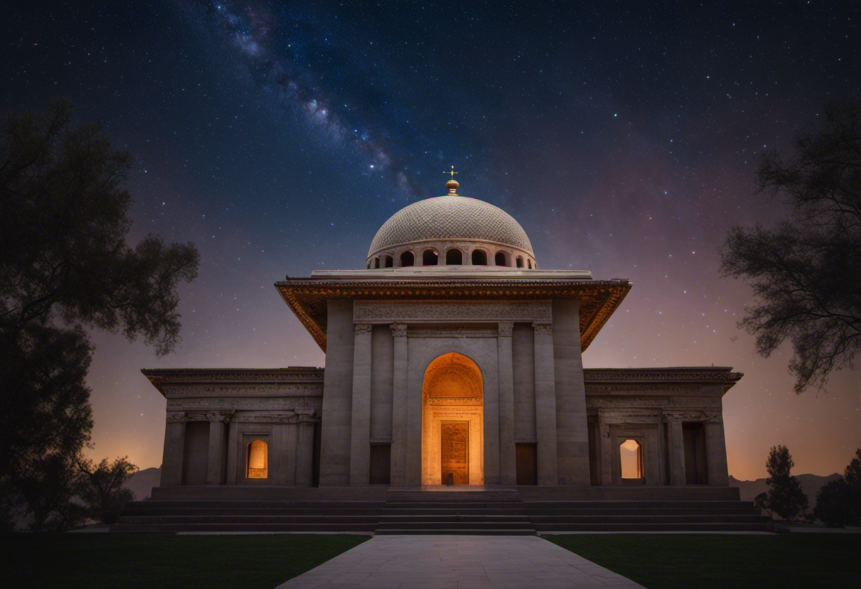 An image showcasing a Zoroastrian temple at dusk, with the night sky filled with stars above