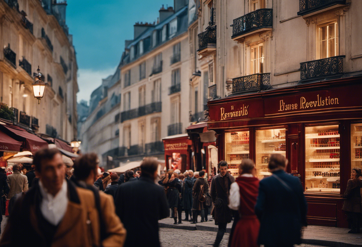 An image showcasing a bustling Parisian street scene during the French Revolution, where citizens eagerly engage with the newly adopted Republican Calendar, depicted through vibrant shop displays and people's attire reflecting the unique month and day names