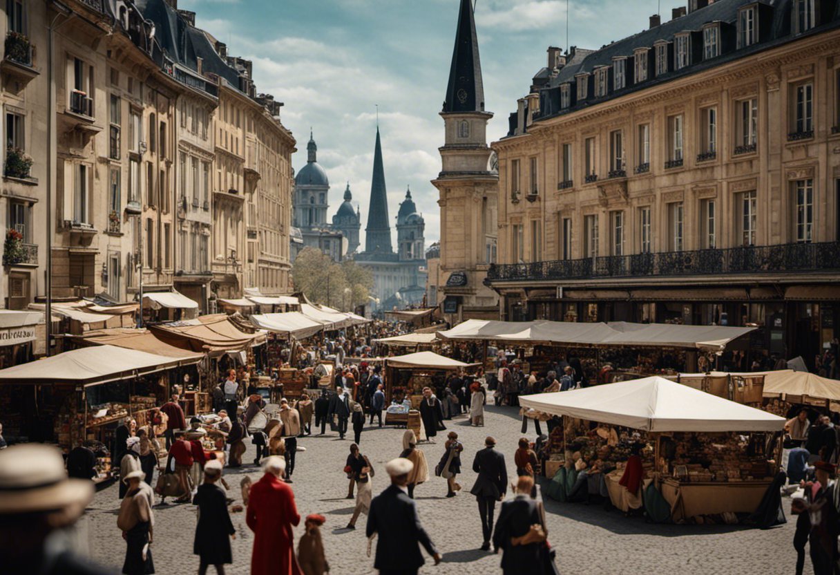 An image showcasing a bustling market square under the French Republican Calendar's influence