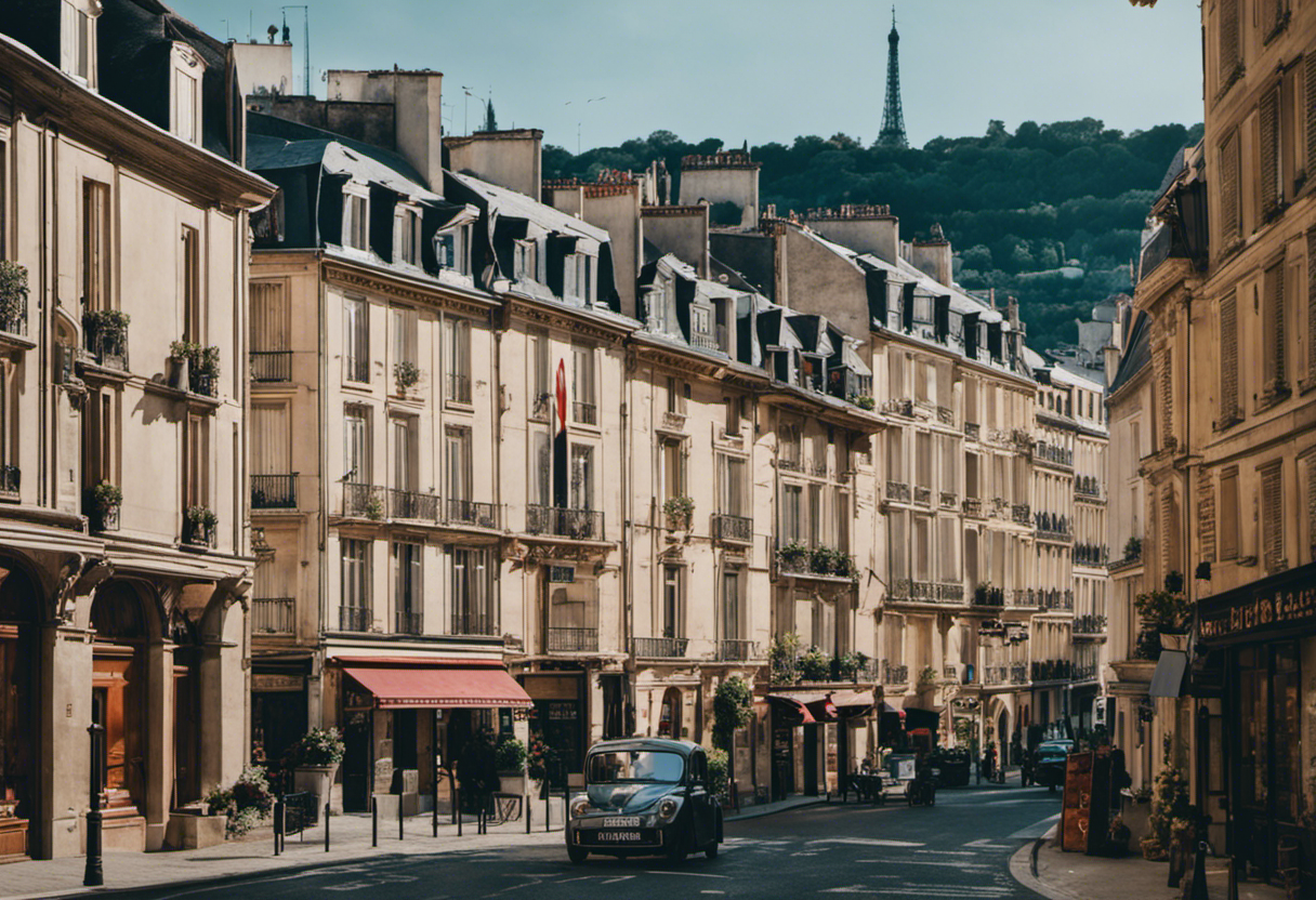 An image that depicts a bustling French street, adorned with newly renamed buildings and street signs reflecting the French Republican Calendar