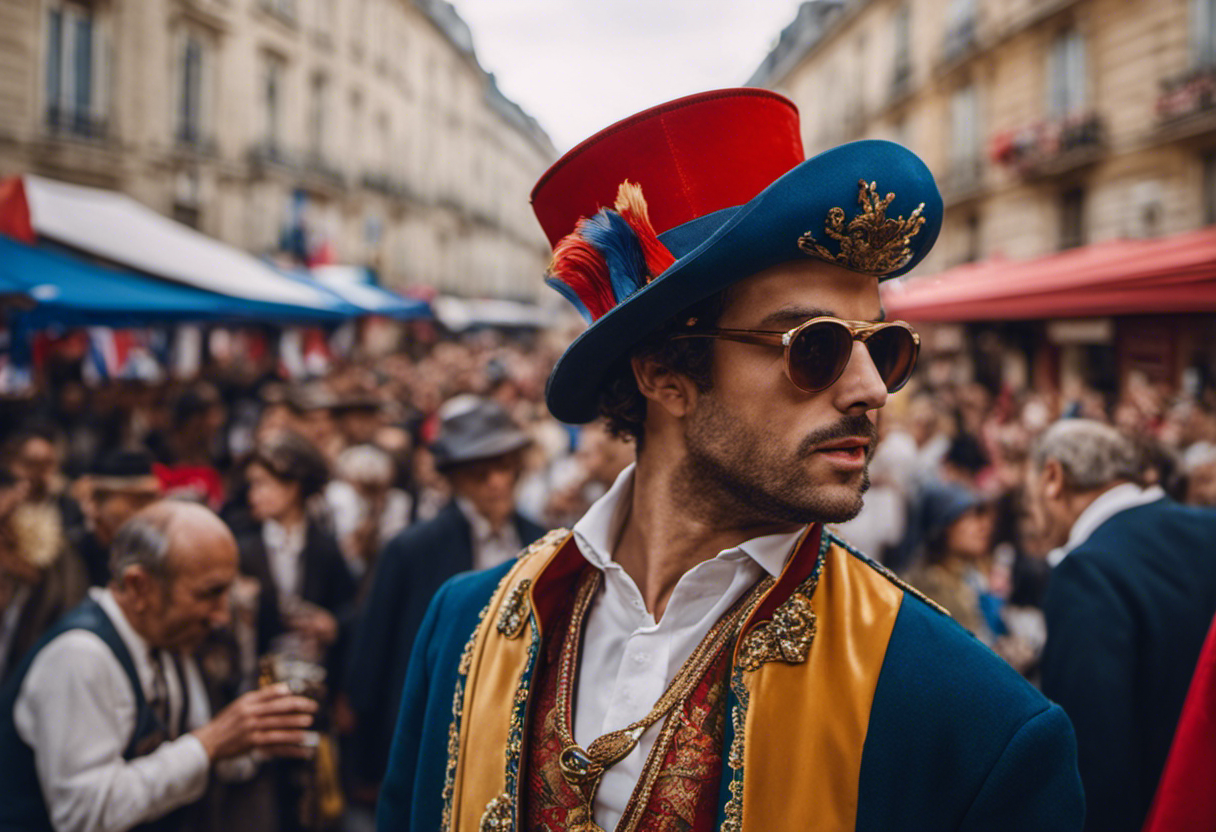 An image showcasing the influence of the French Republican Calendar on modern France, depicting a vibrant street festival with people wearing revolutionary attire, surrounded by buildings adorned with calendar-inspired artwork