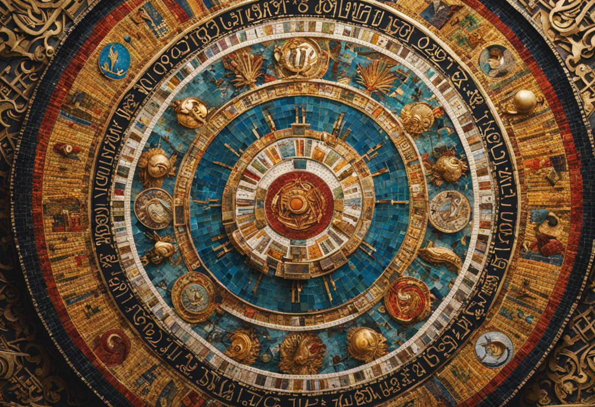 An image depicting a vibrant, intricately designed mosaic of the Zoroastrian calendar, blending ancient symbols with contemporary elements, symbolizing the enduring relevance and cultural importance of the calendar in modern times