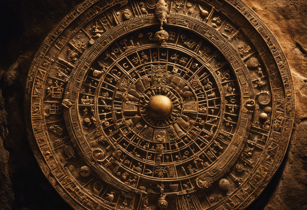 An image showcasing the ancient origins of the Zoroastrian calendar, depicting a stone tablet engraved with intricate celestial symbols, surrounded by a celestial map, celestial bodies, and ancient astronomical instruments