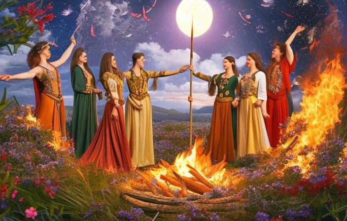 An image showcasing the Four Celtic Fire Festivals: Imbolc, Beltane, Lughnasadh, and Samhain