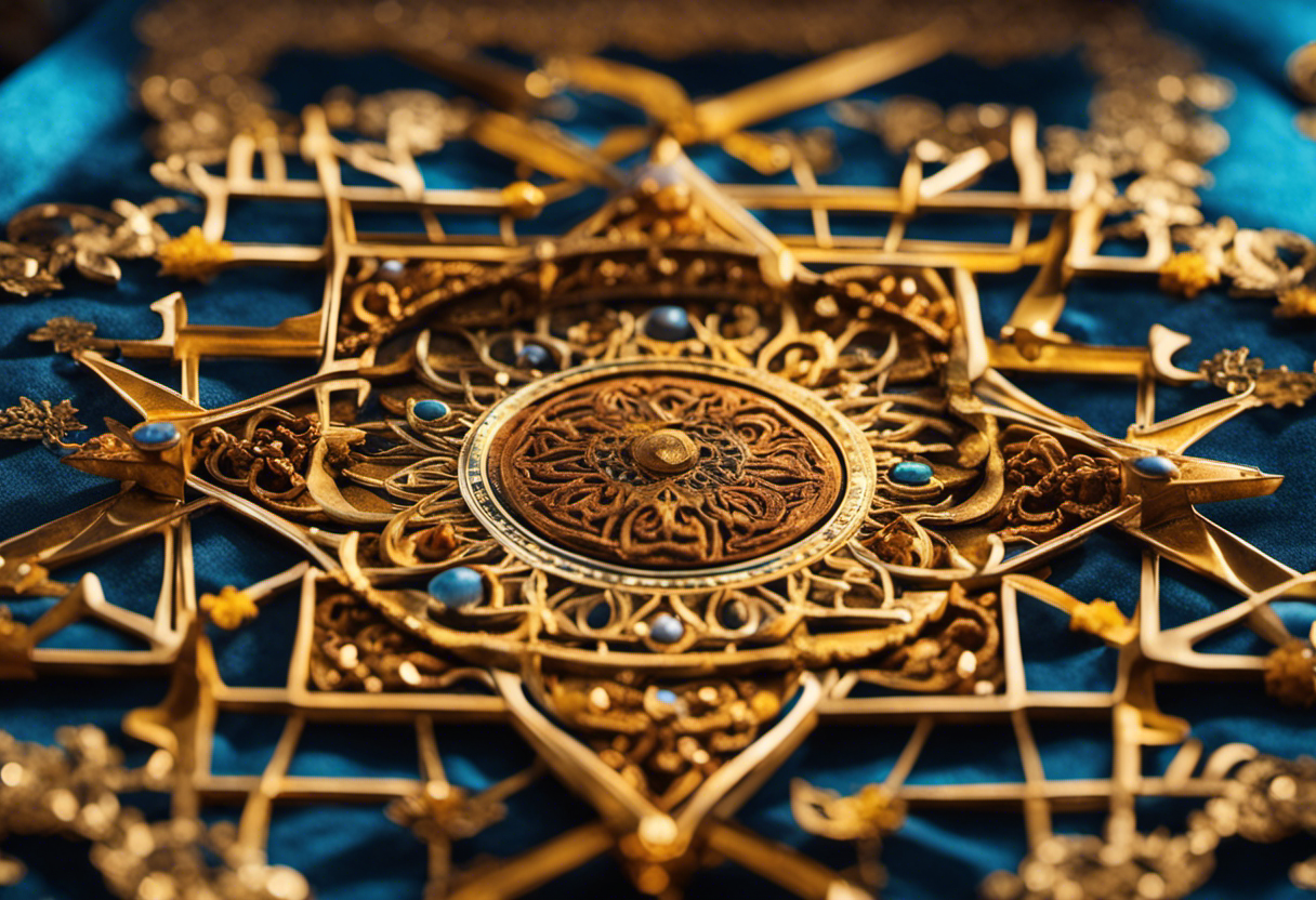 An image of a vibrant Zoroastrian calendar adorned with intricate celestial motifs, interwoven with symbols representing fire, water, and earth