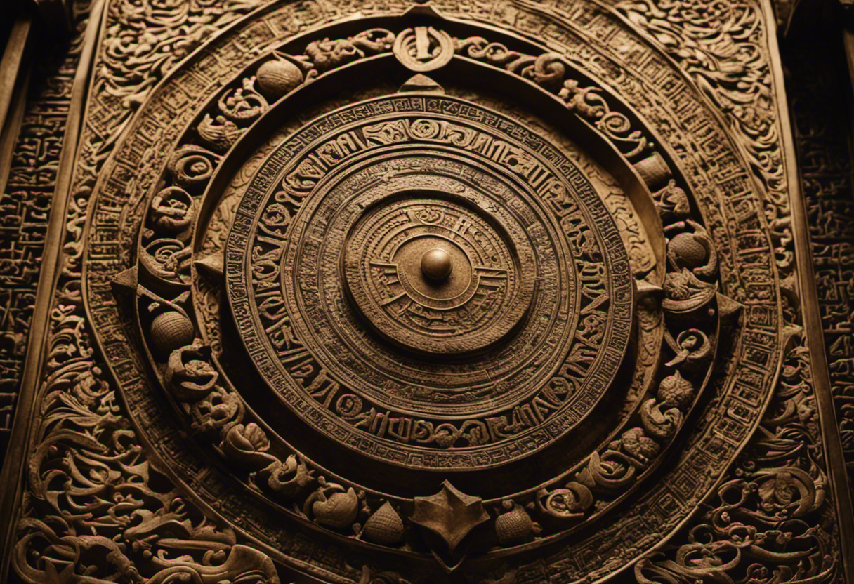 An image showcasing an intricately carved stone slab depicting ancient Persian symbols, with a sun-shaped dial at its center