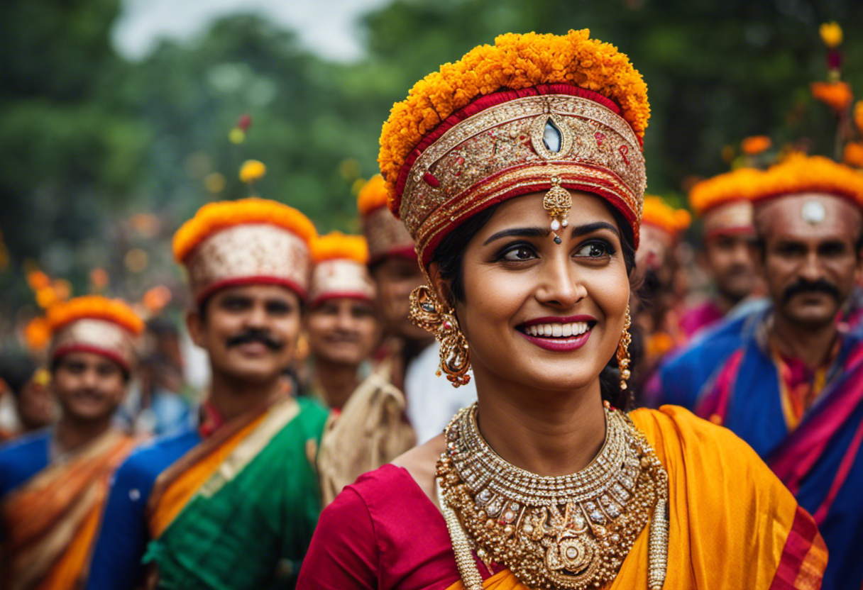 An image showcasing a vibrant procession of people dressed in traditional attire, celebrating the equinoxes and solstices in Vikram Samvat
