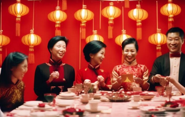 An image showcasing a vibrant Lunar New Year family reunion: generations gathered around a beautifully adorned dining table, exchanging red envelopes, sharing traditional dishes, and laughing amidst the warm glow of festive lanterns